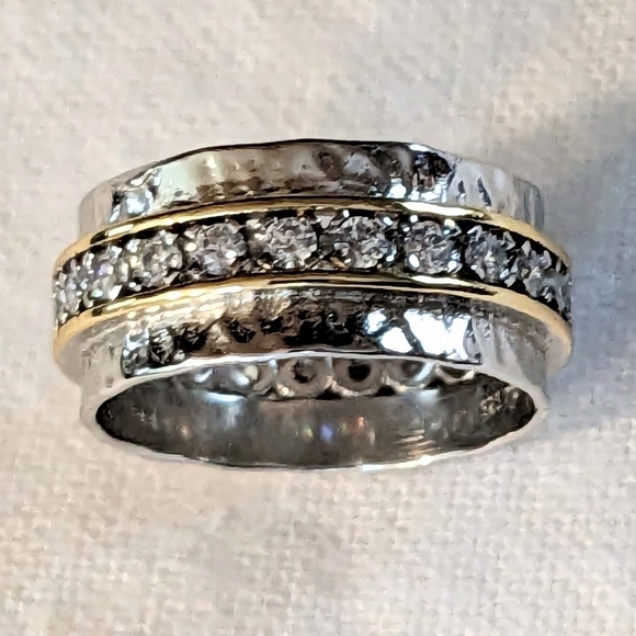 PRICE DROP 14k Gold & Sterling Band with Circle of White Cubic Zirconia - Picture 4 of 7